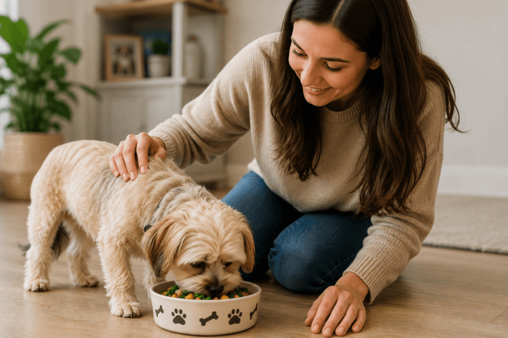 Small dog eating from a bowl at home - thelostpie