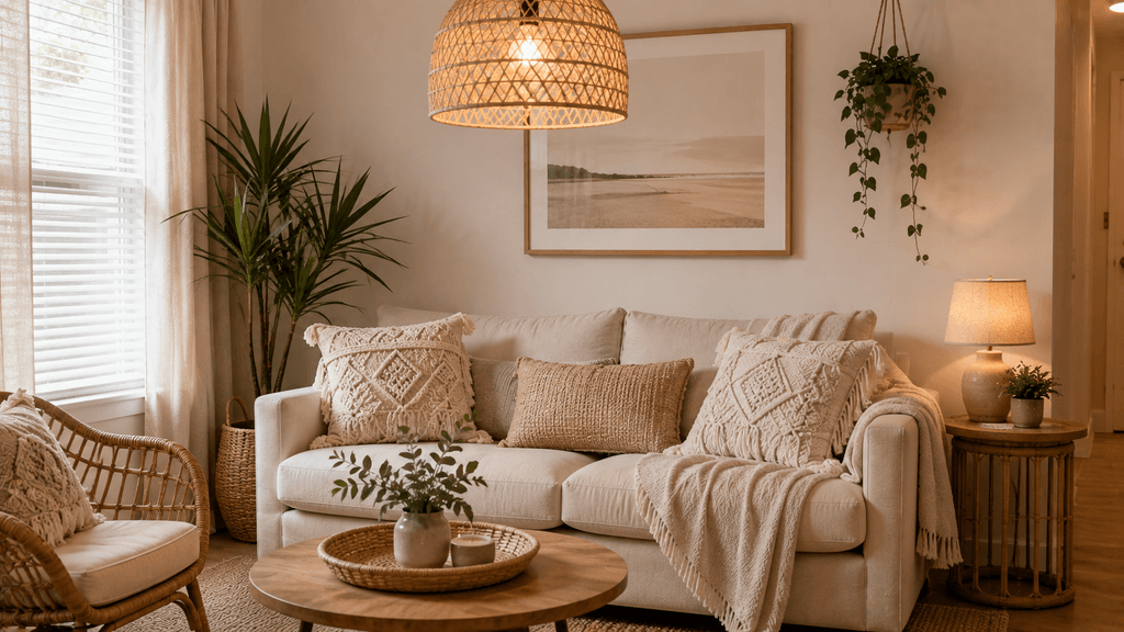 Small living room decorated with macramé and rattan texture accents for warmth without clutter - thelostpie