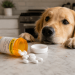 Spilled medication bottle on a counter, a common source of accidental pet poisoning - thelostpie