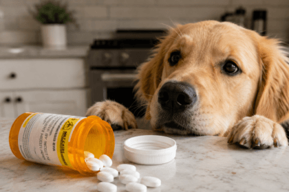 Spilled medication bottle on a counter, a common source of accidental pet poisoning - thelostpie