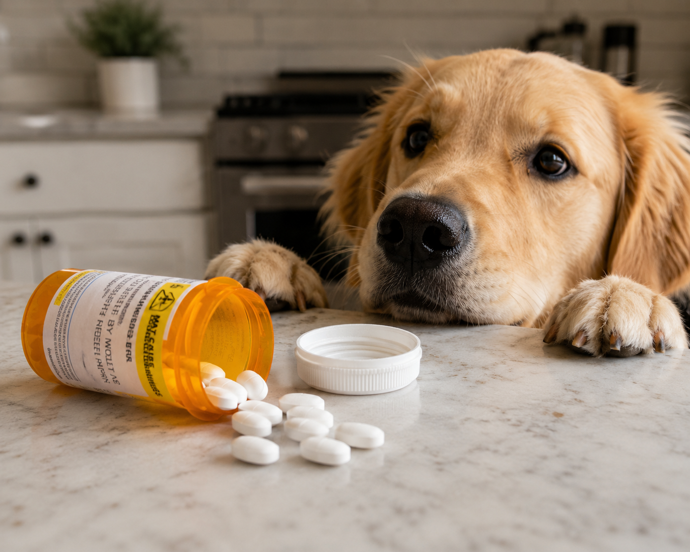 Spilled medication bottle on a counter, a common source of accidental pet poisoning - thelostpie