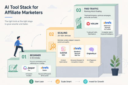 Staircase illustration showing progressive AI tool stacks for affiliate marketers at different stages - thelostpie