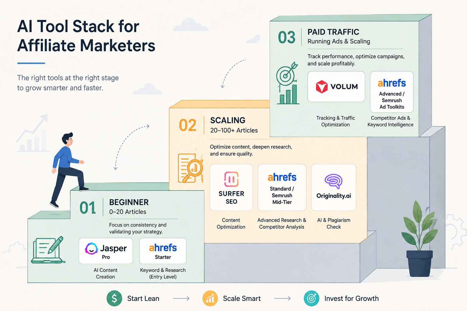 Staircase illustration showing progressive AI tool stacks for affiliate marketers at different stages - thelostpie