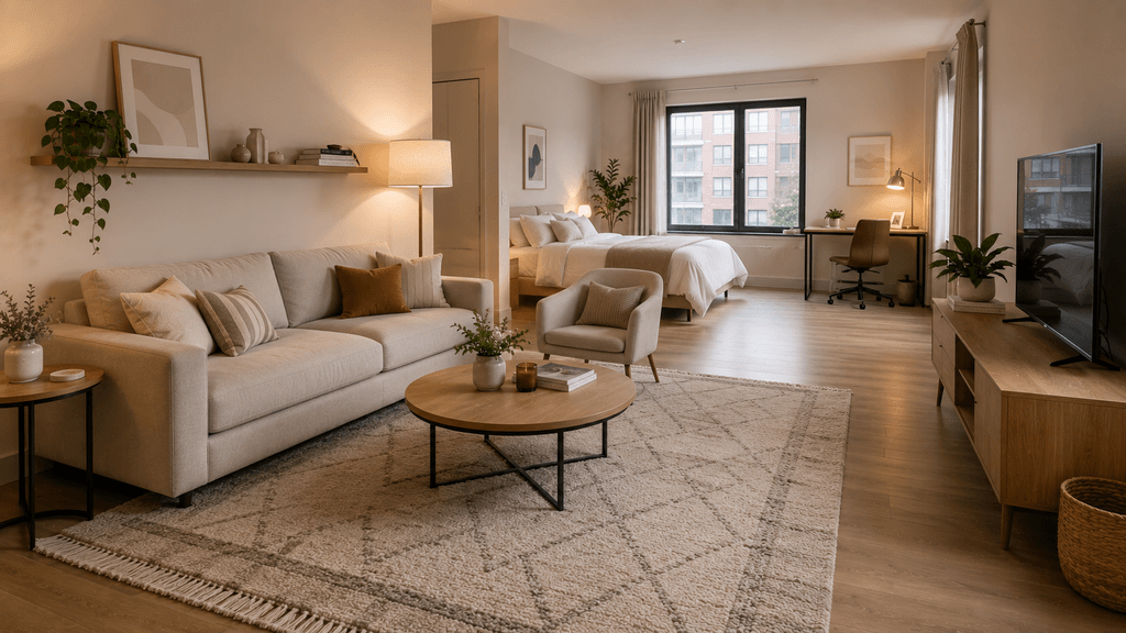Studio apartment zoned with a large rug and lighting instead of physical walls, a 2026 small-space strategy - thelostpie