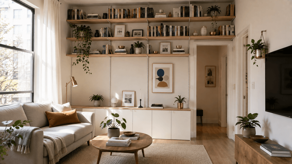 Tall vertical shelving in a small living room, making use of typically underused upper wall space - thelostpie