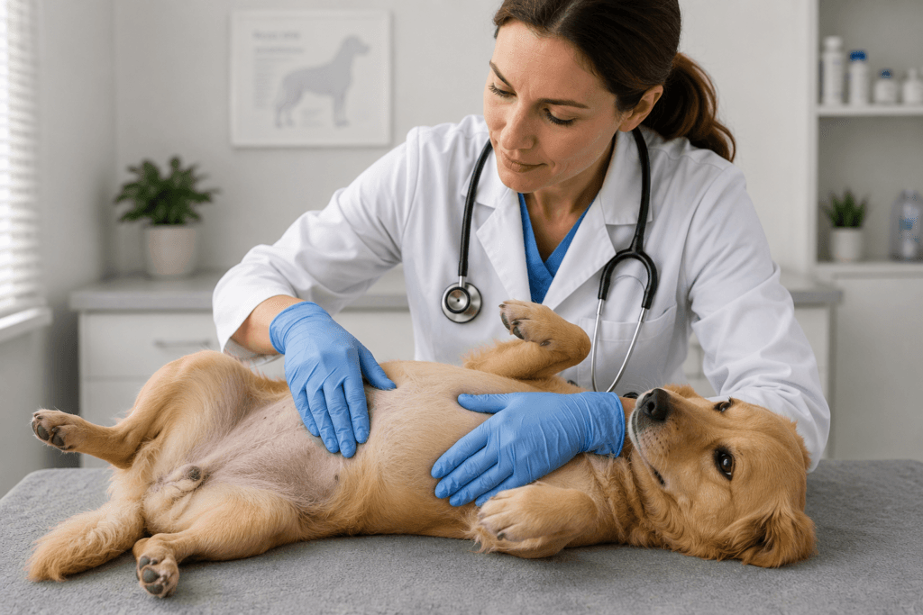Veterinarian checking a dog during an exam, illustrating why professional guidance matters before using remedies like castor oil - thelostpie