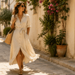 Woman wearing a linen shirt dress, one of the best summer dress styles for 2026 - thelostpie