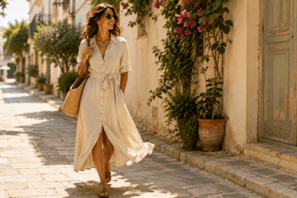 Woman wearing a linen shirt dress, one of the best summer dress styles for 2026 - thelostpie