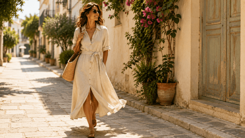 Woman wearing a linen shirt dress, one of the best summer dress styles for 2026 - thelostpie