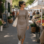 Woman wearing a ribbed knit midi dress, one of the best casual dresses for women in 2026 - thelostpie