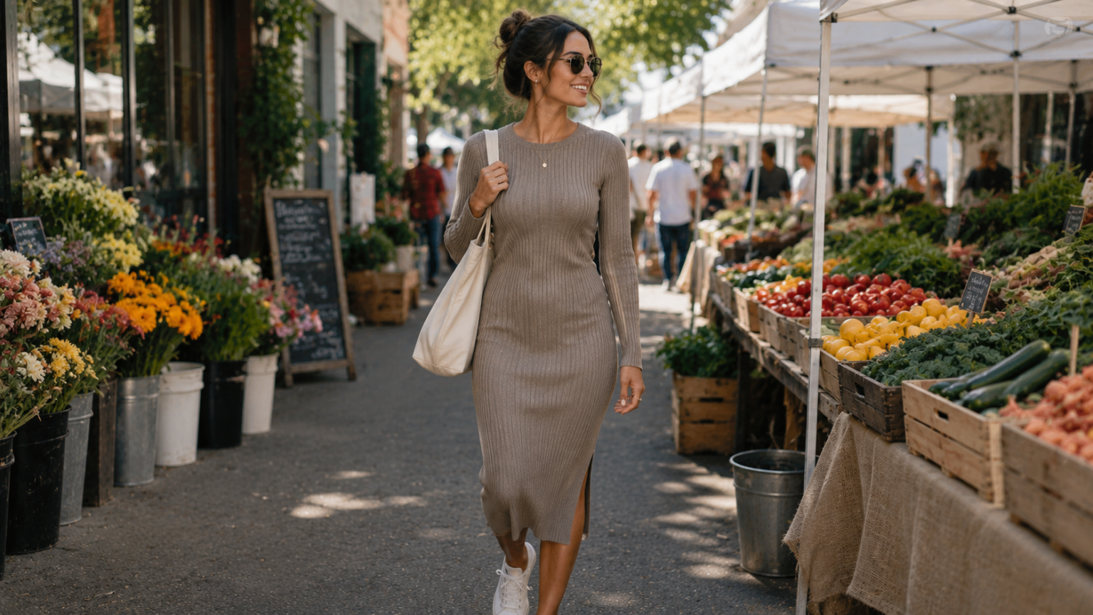 Woman wearing a ribbed knit midi dress, one of the best casual dresses for women in 2026 - thelostpie