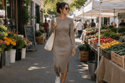 Woman wearing a ribbed knit midi dress, one of the best casual dresses for women in 2026 - thelostpie