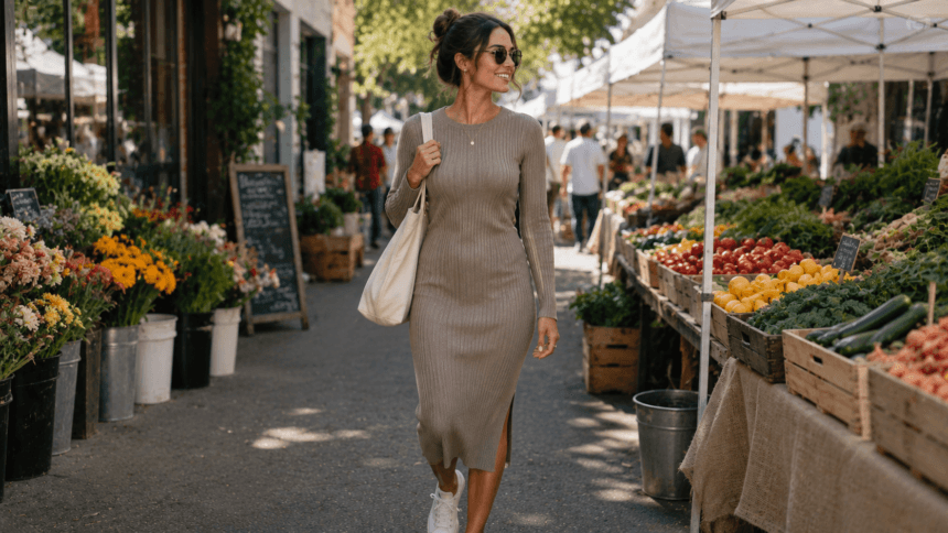 Woman wearing a ribbed knit midi dress, one of the best casual dresses for women in 2026 - thelostpie