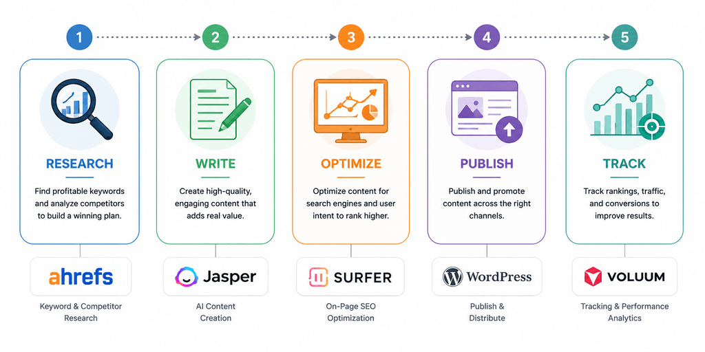 Workflow diagram showing how AI tools fit into the affiliate marketing content pipeline - thelostpie